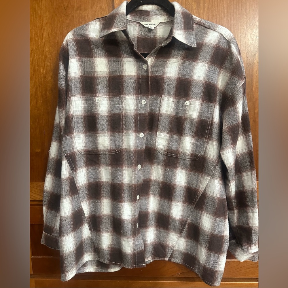 Max Studio Brown and White Plaid Button Down Shirt